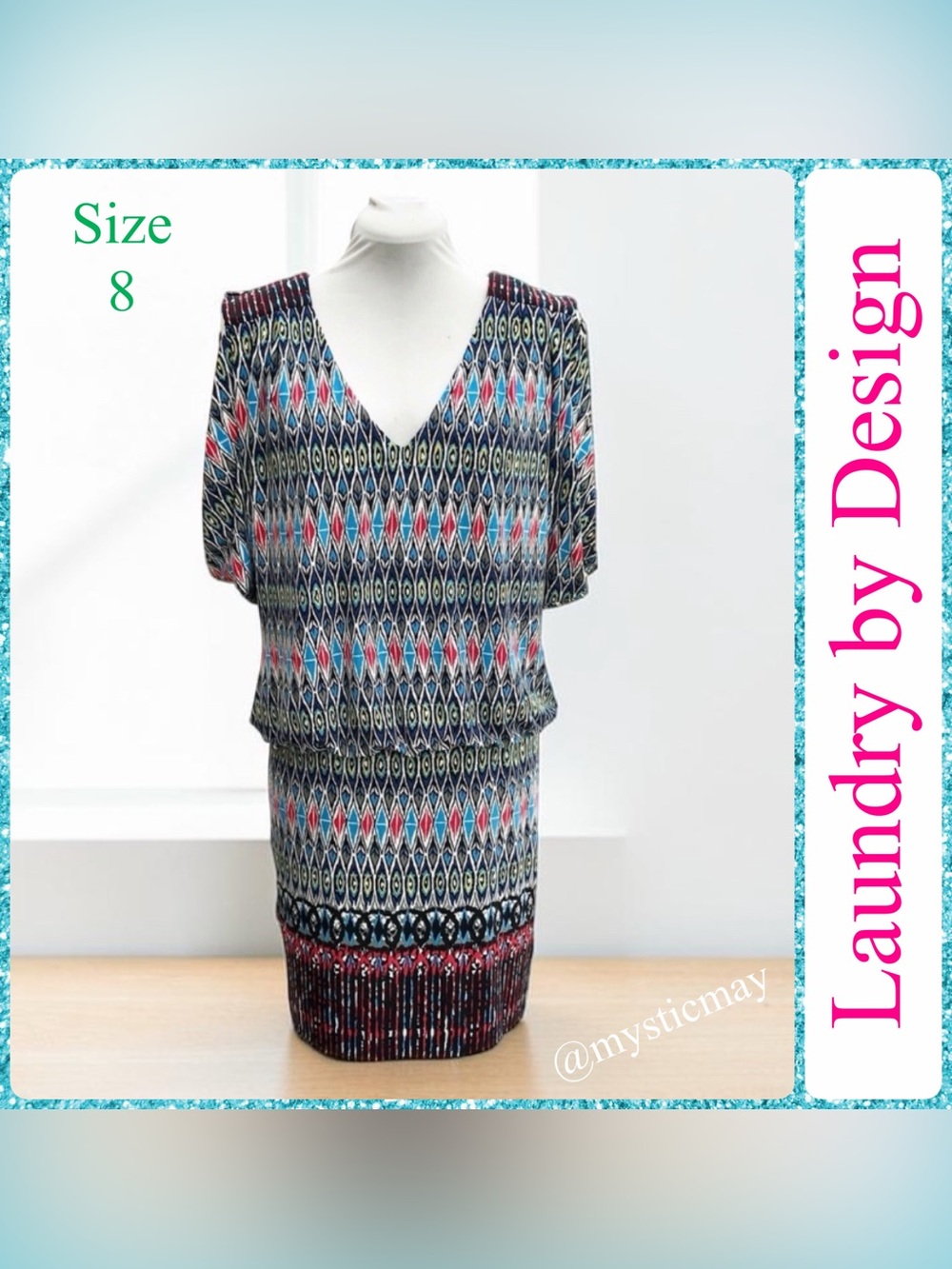 Vintage LAUNDRY BY DESIGN Multicolor Print Dolman Sleeve Drop Waist Dress Size 8